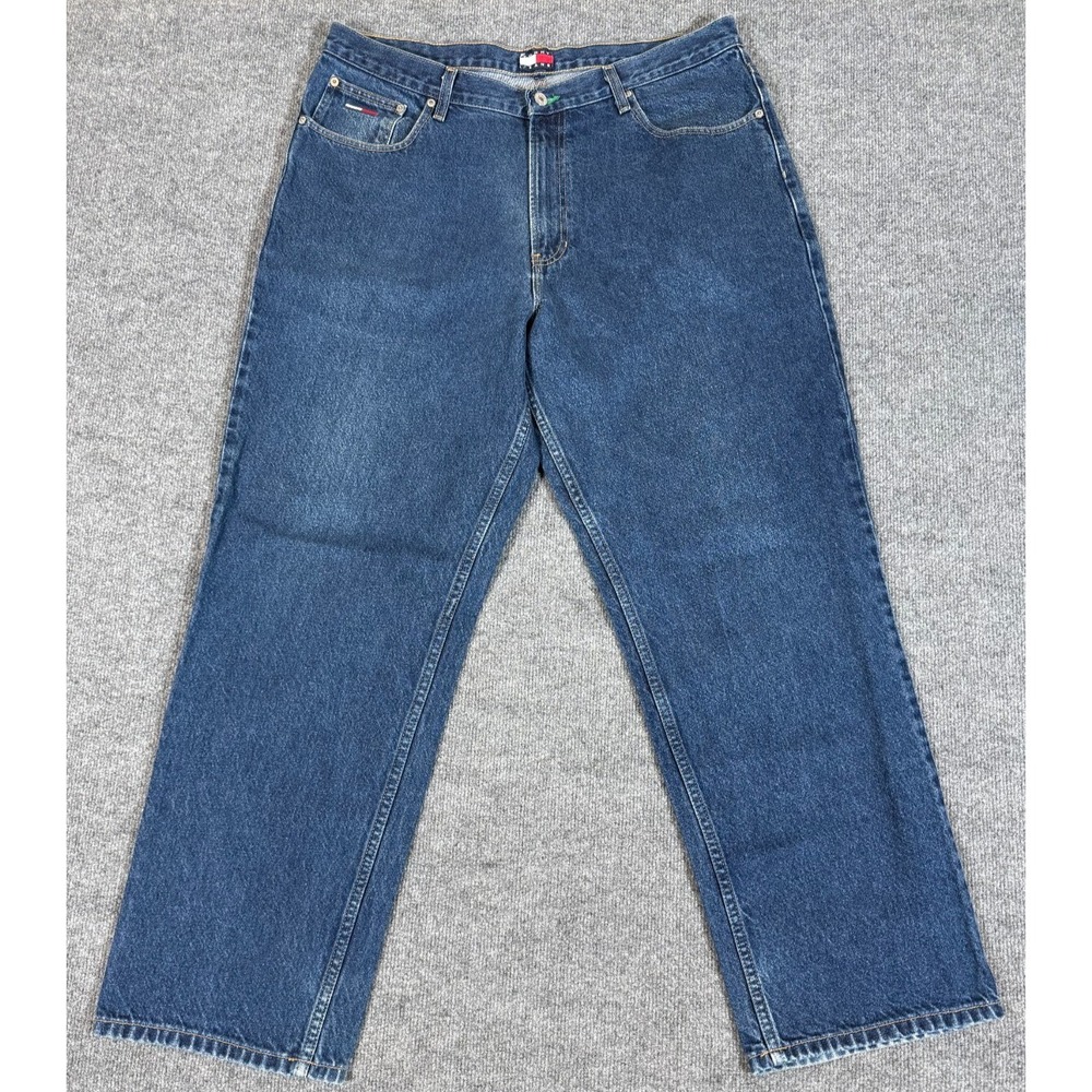 Vintage Tommy Hilfiger Jeans Mens 38x32 Blue Flag‎ Patch Logo Baggy Hip Hop Y2K
